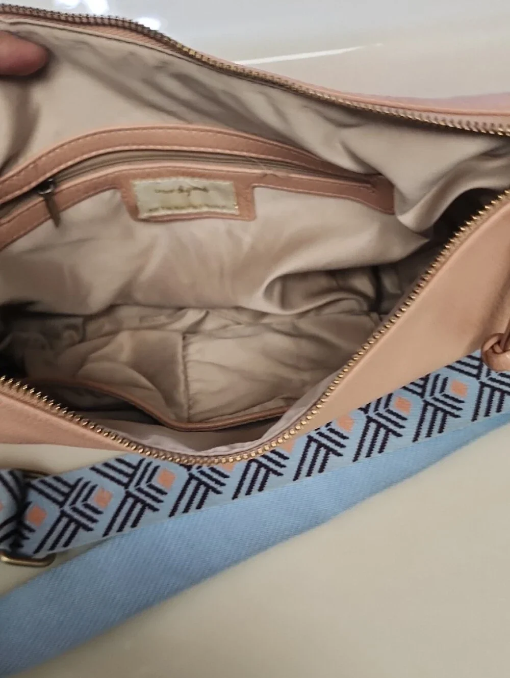 Urban Originals Peach Crescent Crossbody with Patterned Blue Strap